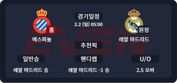 에스파뇰 vs 레알 마드리드, 2025년 2월 2일 스포츠중계 이븐티비 추천 픽