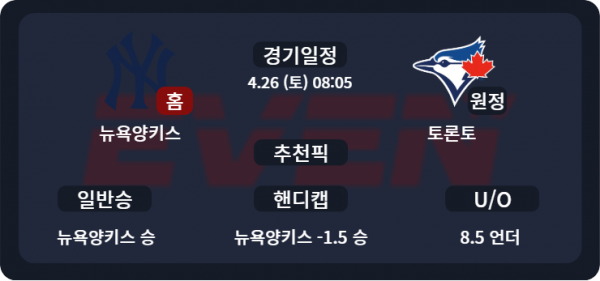 뉴욕양키스 vs 토론토  경기 분석 및 추천픽